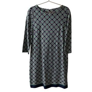 Talbots Petites Geometric Print Career Dress‎ 3/4 Sleeve Navy Green 8P